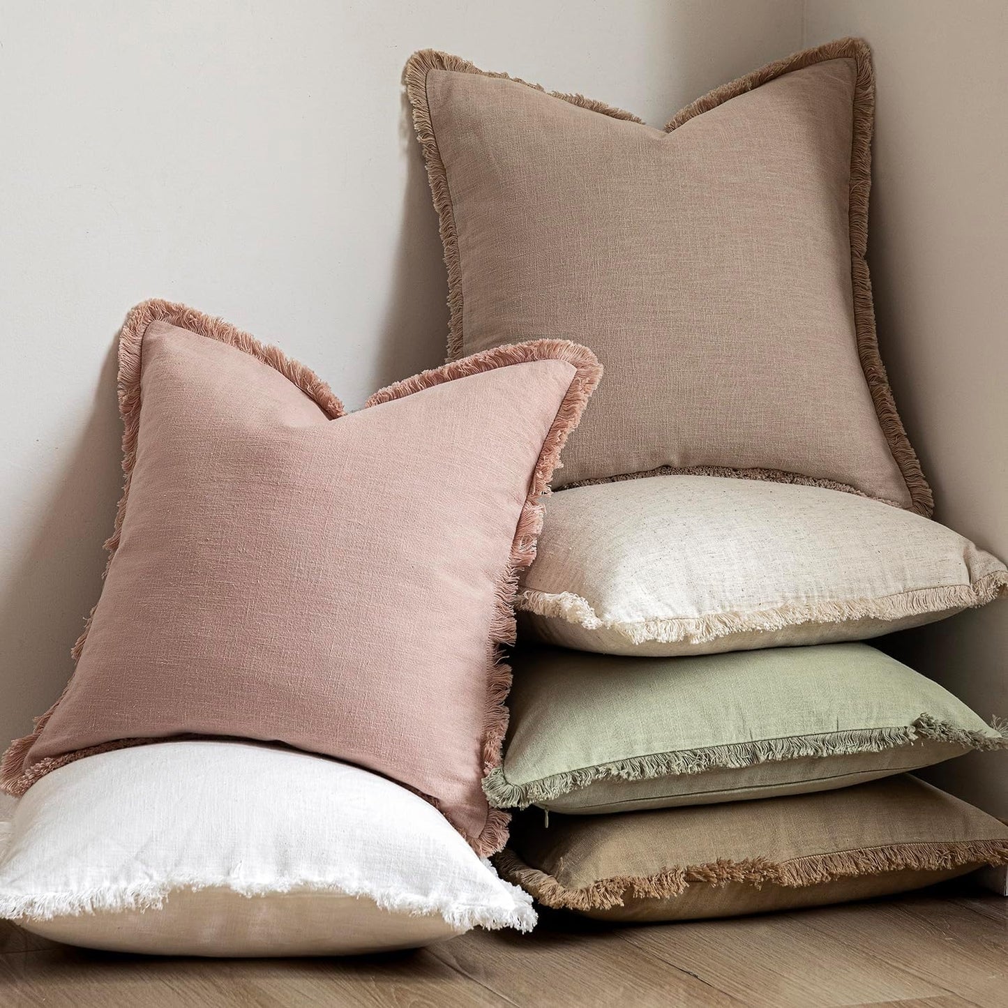 Foindtower Set of 2 Decorative Linen Fringe Throw Pillow Covers Boho Farmhouse Cushion Cover with Tassels Soft Accent Pillowcase for Couch Sofa Bed Living Room Home Decor,20×20 Inch,Light Sage Green