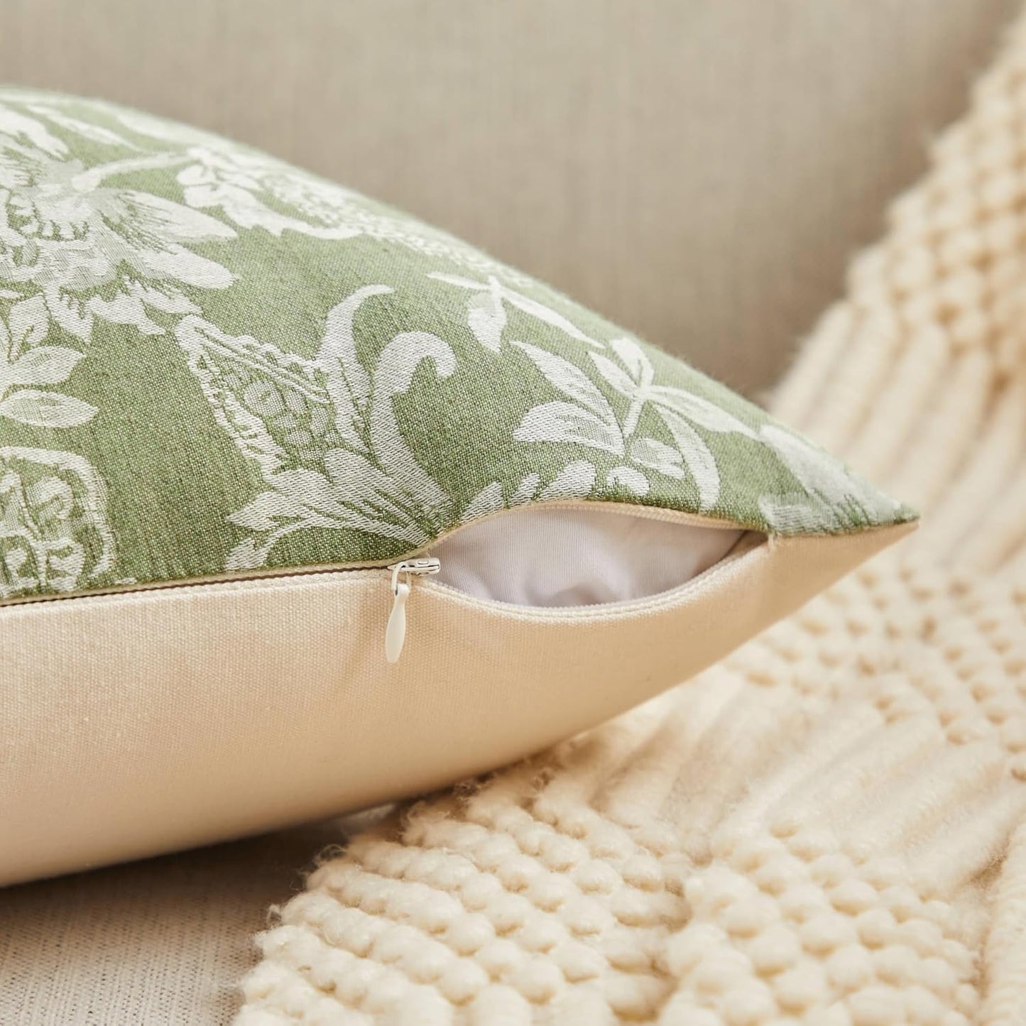 Floral Jacquard Throw Pillow Covers Set of 2, Background/Green 16x16 Inch, Farmhouse Decorative Cotton Sage Green Cushion Covers for Sofa Bed Living Room Home Decor