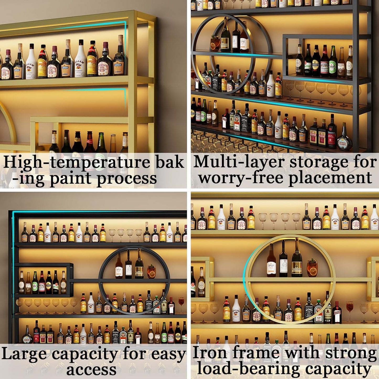 55.1in Wall Mounted Wine Rack, Modern Metal Wine Bottle and Glass Holder, Iron Display Stand Decorative Wine Rack, for Bar Living Room Dining Room Background (Black, 55.1 * 8 * 51INCHES)