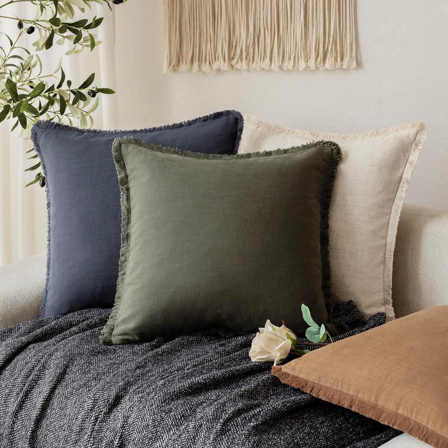 Foindtower Set of 2 Decorative Linen Fringe Throw Pillow Covers Cozy Farmhouse Cushion Cover with Tassels Accent Pillowcase for Couch Chair Sofa Bed Living Room Home Decor,22×22 Inch,Dark Olive Green