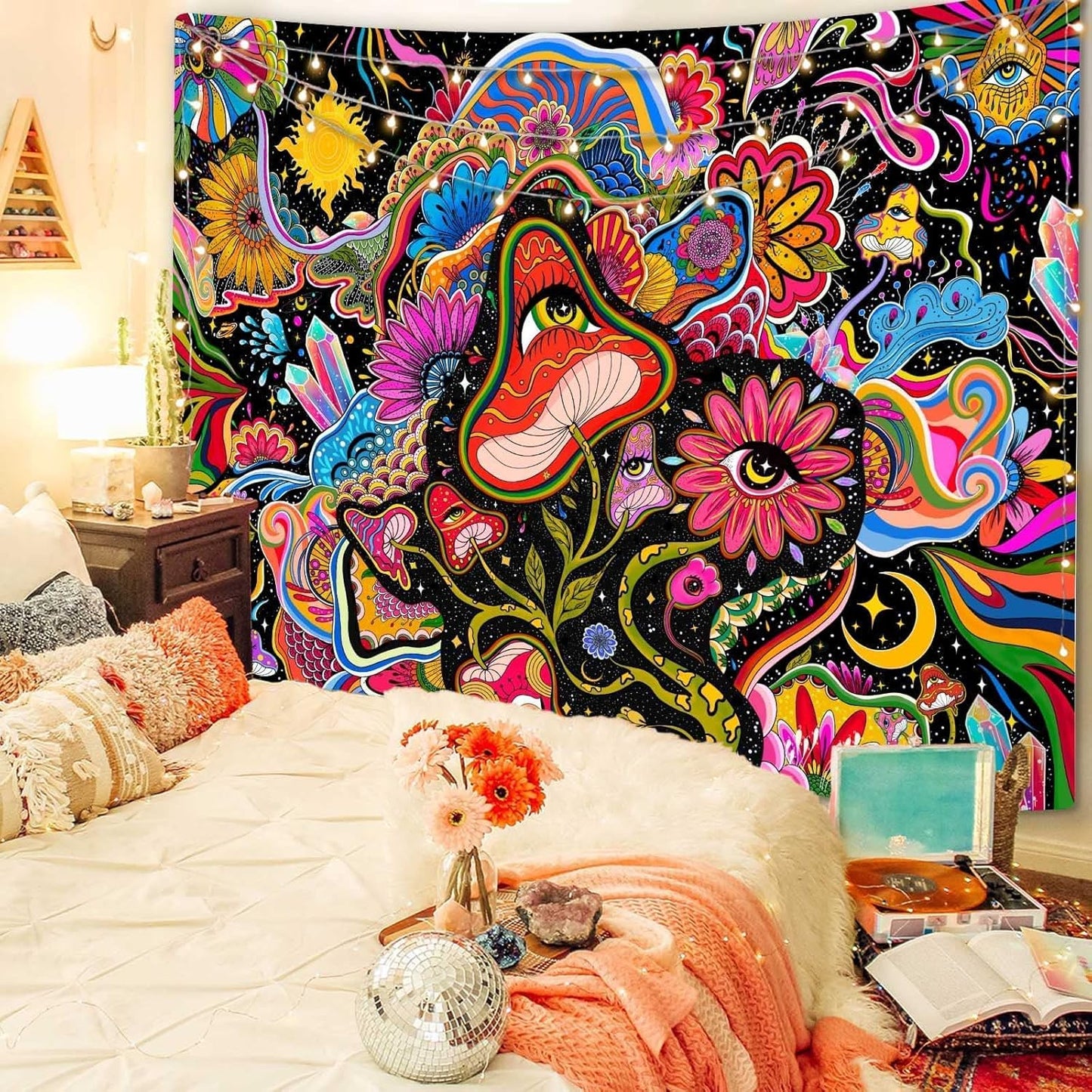 Lunerfex Mushroom Tapestry Pink Flowers Tapestry for Bedroom Aesthetic Tapestries Floral Tapestries Wall Hanging for Bedroom and Living Room Decor Pink Flowers 36×48 Inches