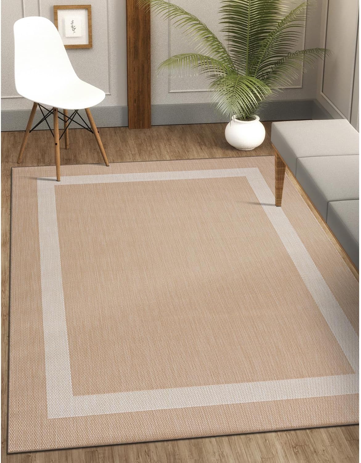 CAMILSON Outdoor Rug 8x10, Modern Outside Rugs for Patios Porches Waterproof Durable Washable Non-Shedding, Easy-to-Clean Indoor Outdoor Area Carpet (8 x 10, Bordered - Beige/White)