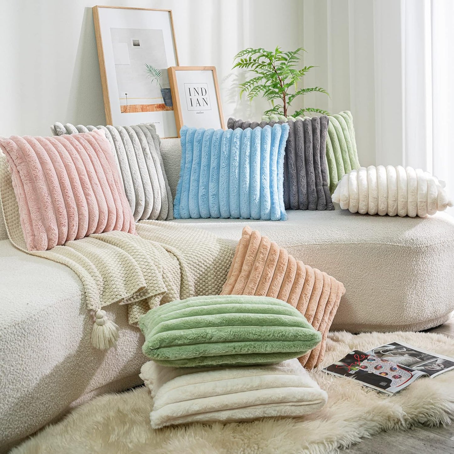 DEELAND Pack of 2,Double-Sided Faux Fur Plush Decorative Throw Pillow Covers Fuzzy Striped Soft Pillowcase Cushion Covers for Sofa Couch Bedroom Home, Cream White