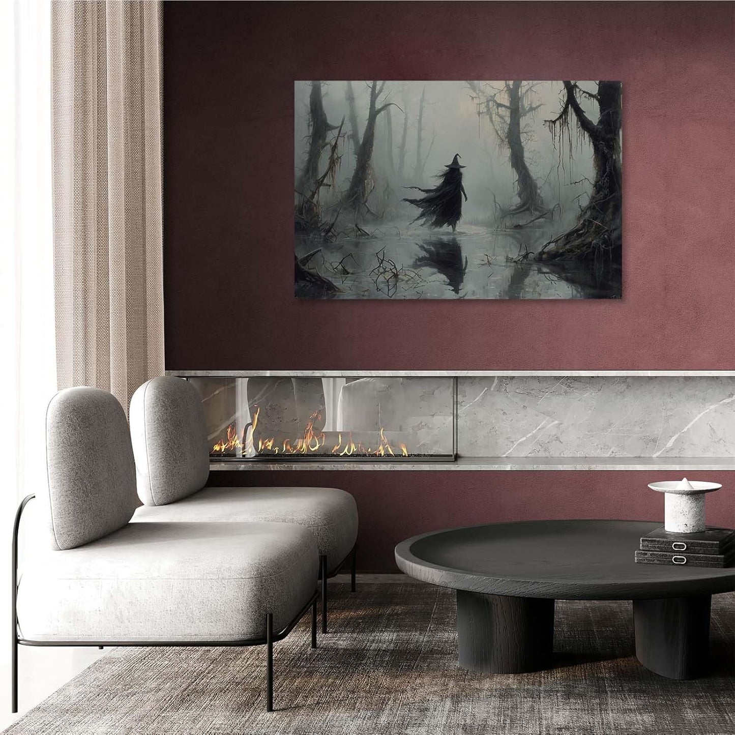 Vintage rustic swamp witch poster dark moody wall art gothic horror season halloween print for home decor retro dark moody painting16x24in Wood Framed