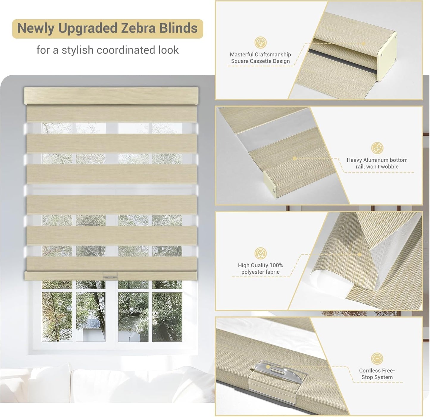 Cordless Zebra Blinds for Windows, Blackout Interior Blinds,Easy to Install,UV Protection,for Offices and Home,Custom Roller Shades, Mousse Beige,22" W x 80" H