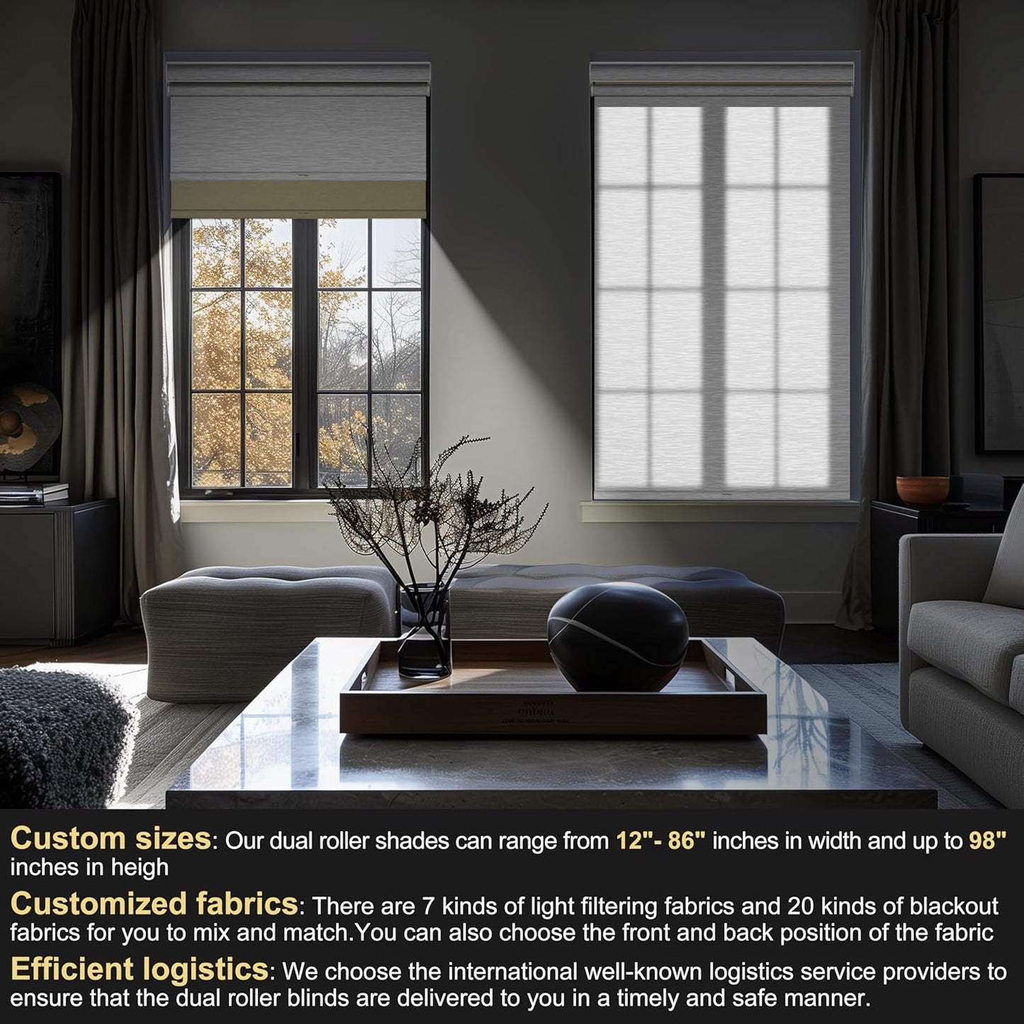 BERISSA Cordless Dual Roller Shades with Cassette Valance, Double Window Shades - Blackout and Light Filtering, Day and Night for Home Office Door. Beige and White. 53 W x 64" H