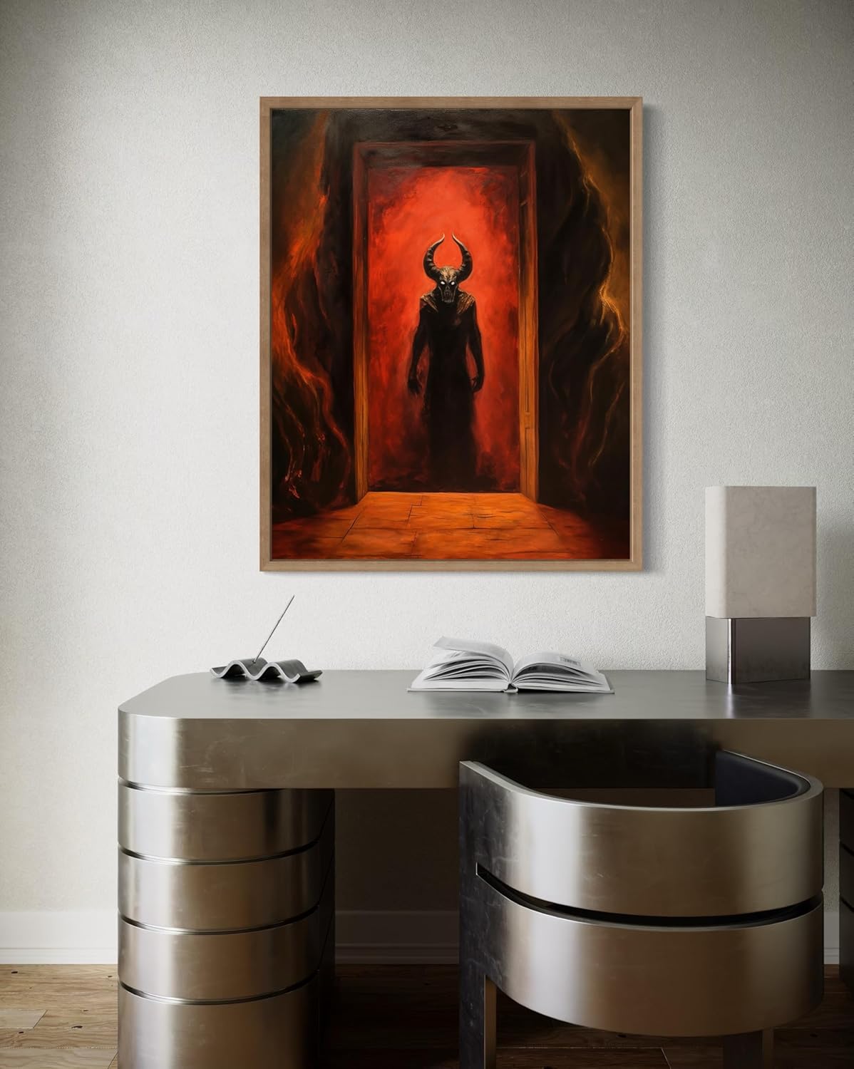 Satan and Hell Poster Art Print, Halloween Scary Vintage Wall Art Academia Spooky Painting Decoration for Horror Prints, Gothic Posters Bedroom Decor 89 (Satan and Hell, 11 x 14 inches, Wood Frame)