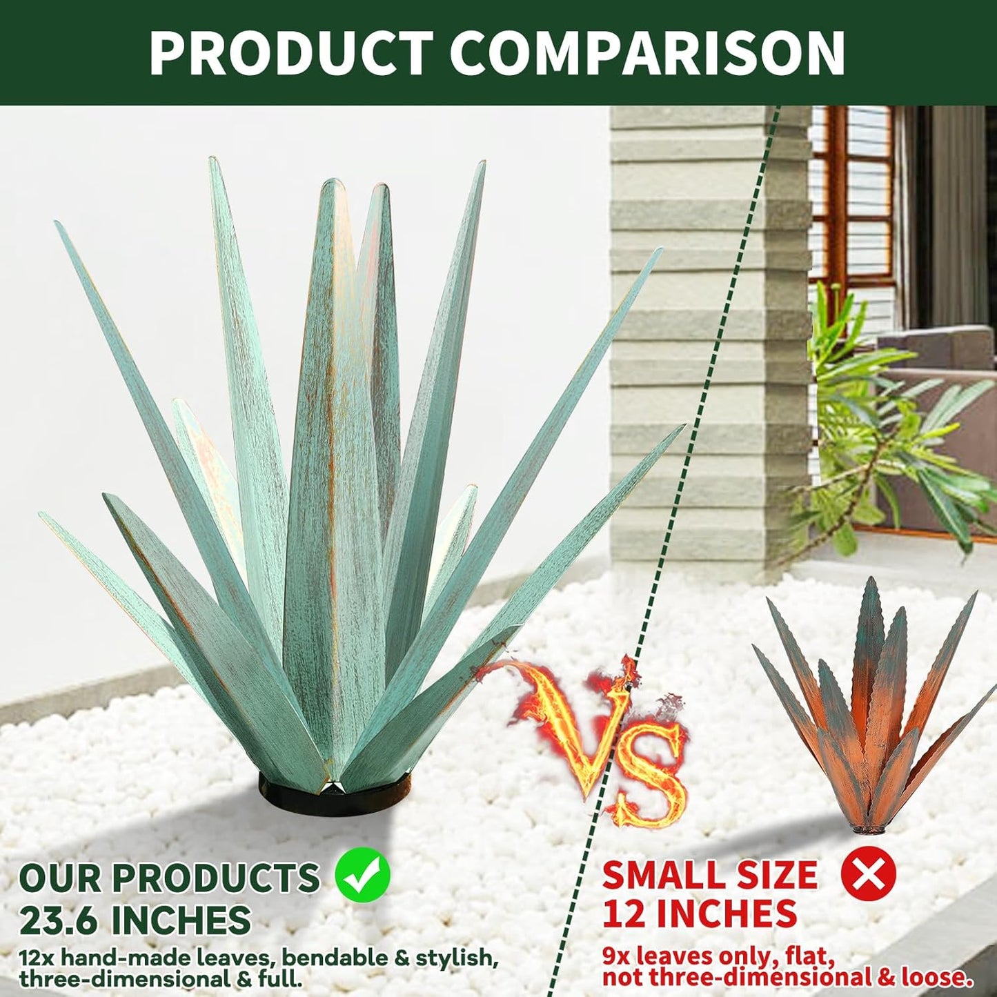Large Tequila Rustic Sculpture, Rustic Metal Agave Plants for Outdoor Patio Yard, Home Decor Hand Painted Metal Agave Garden Yard Statue, Outdoor Lawn Ornaments (Dark Blue - L (W/Solar Light))