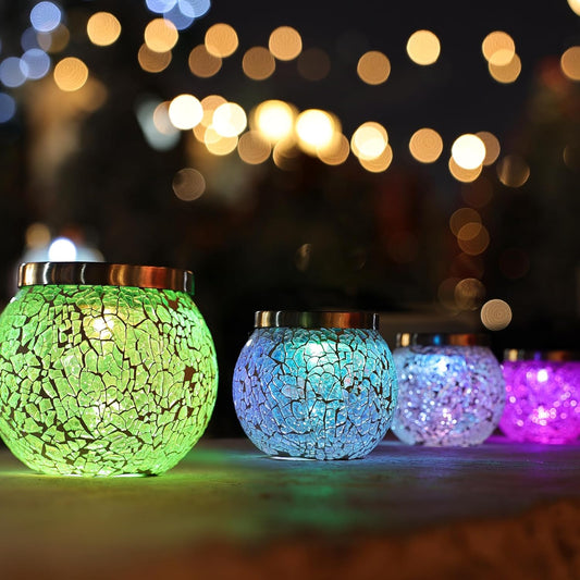 Cooo 4 Pack Heavy Solar Mosaic Crackle Glass Lights with Dual Solar Panels, Color-Changing RGB Lantern, Exclusive Dazzling Glass, Waterproof Outdoor Table Lamps Garden Lamp Landscape Path Light