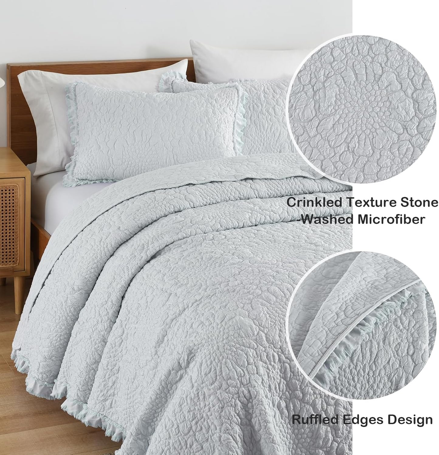 Light Blue Ruffled Quilt King Size, Stone-Washed Microfiber Lightweight Crinkled Farmhouse Rustic Shabby Chic Bedding Set, 3 Pieces Reversible Bedspread Coverlet with Pillow Shams for All Season