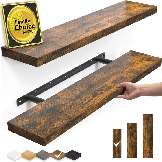 BAYKA Floating Shelves Set of 2, 22.5" Rustic Wood Wall Mounted Shelves for Bedroom, Living Room, Kitchen & Office, Hanging Display Shelf with 22 lbs Capacity (Rustic Brown)