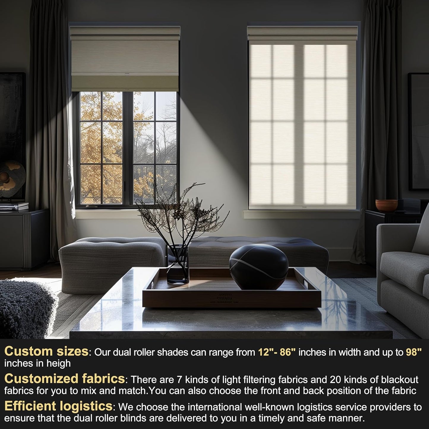 BERISSA Cordless Dual Roller Shades with Cassette Valance, Double Window Shades - Blackout and Light Filtering - Day and Night for Home Office Door. Striped Jacquard Beige. 63 W x 48" H
