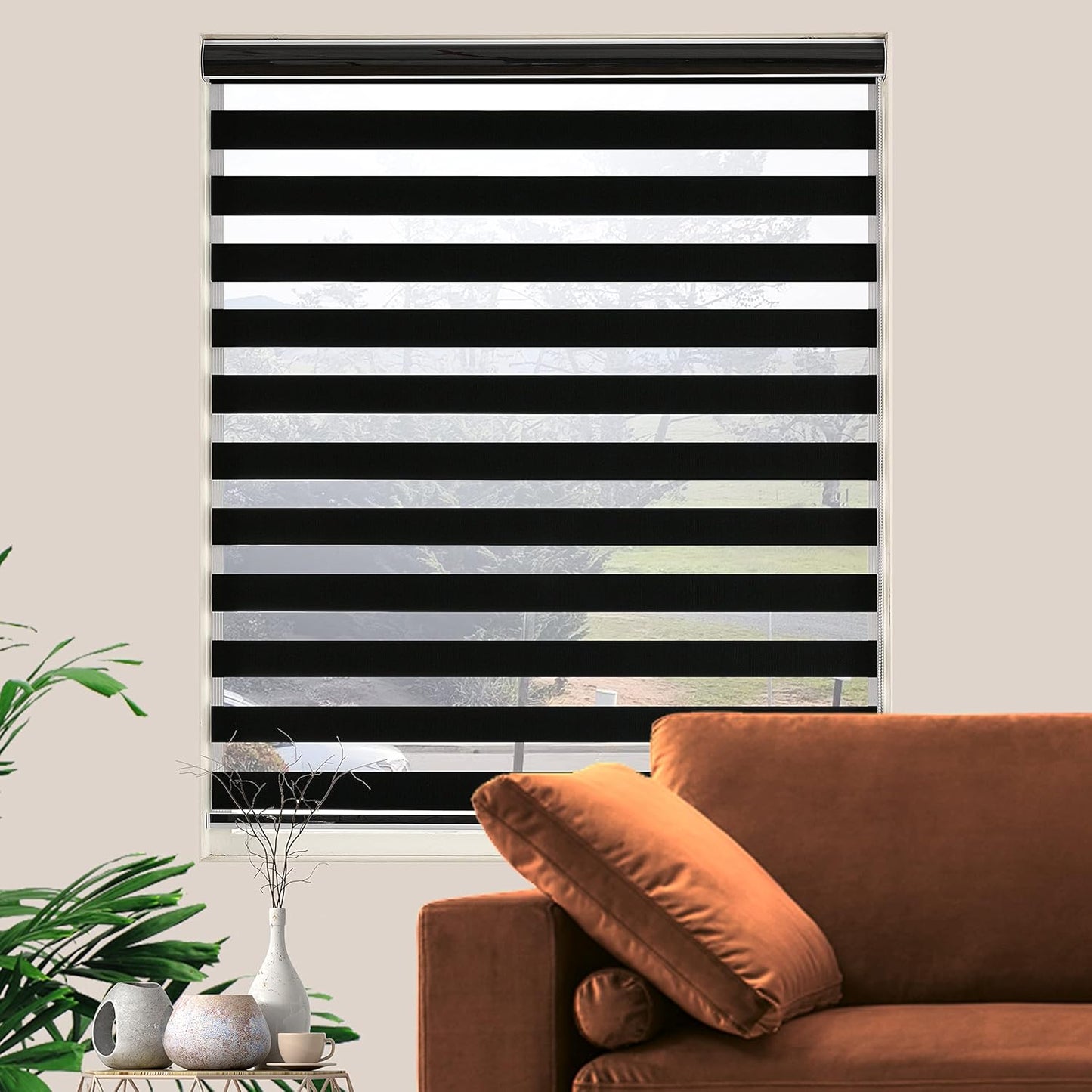 Blackout Zebra Blinds, Dual Layer Free-Stop, Room Darkening Zebra Shades, Blinds for Indoor Windows, Light Filtering Privacy Sheer Shade for Home(55" W X 72" H, Black)