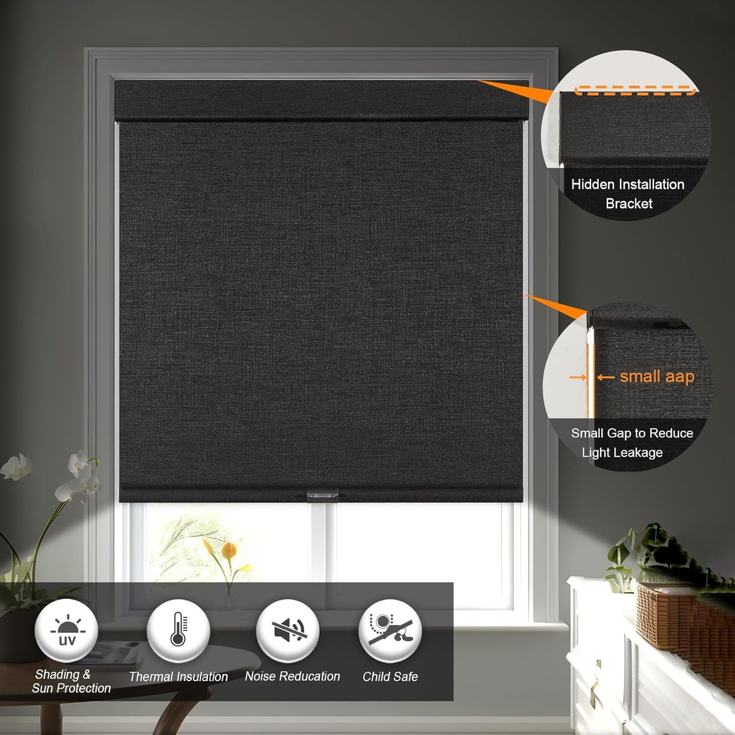 Persilux Free-Stop Cordless Blinds for Indoor Windows with Cover, Window Shades Blackout Roller Blinds, Thermal Insulated Fabric UV Protection for Kitchen, Office, Living Room, Black(39.5" W x 56" H)