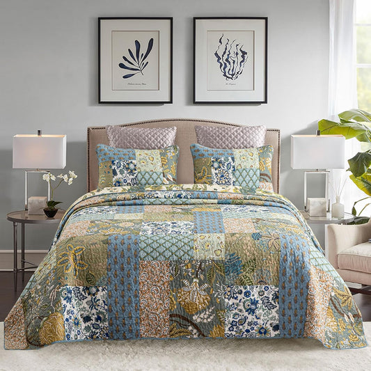 YAYIDAY Quilt King Size Patchwork Bedspread - 100% Cotton Reversible Breathable Green Leaves Quilted Quilt with Pillow Shams for All Seasons