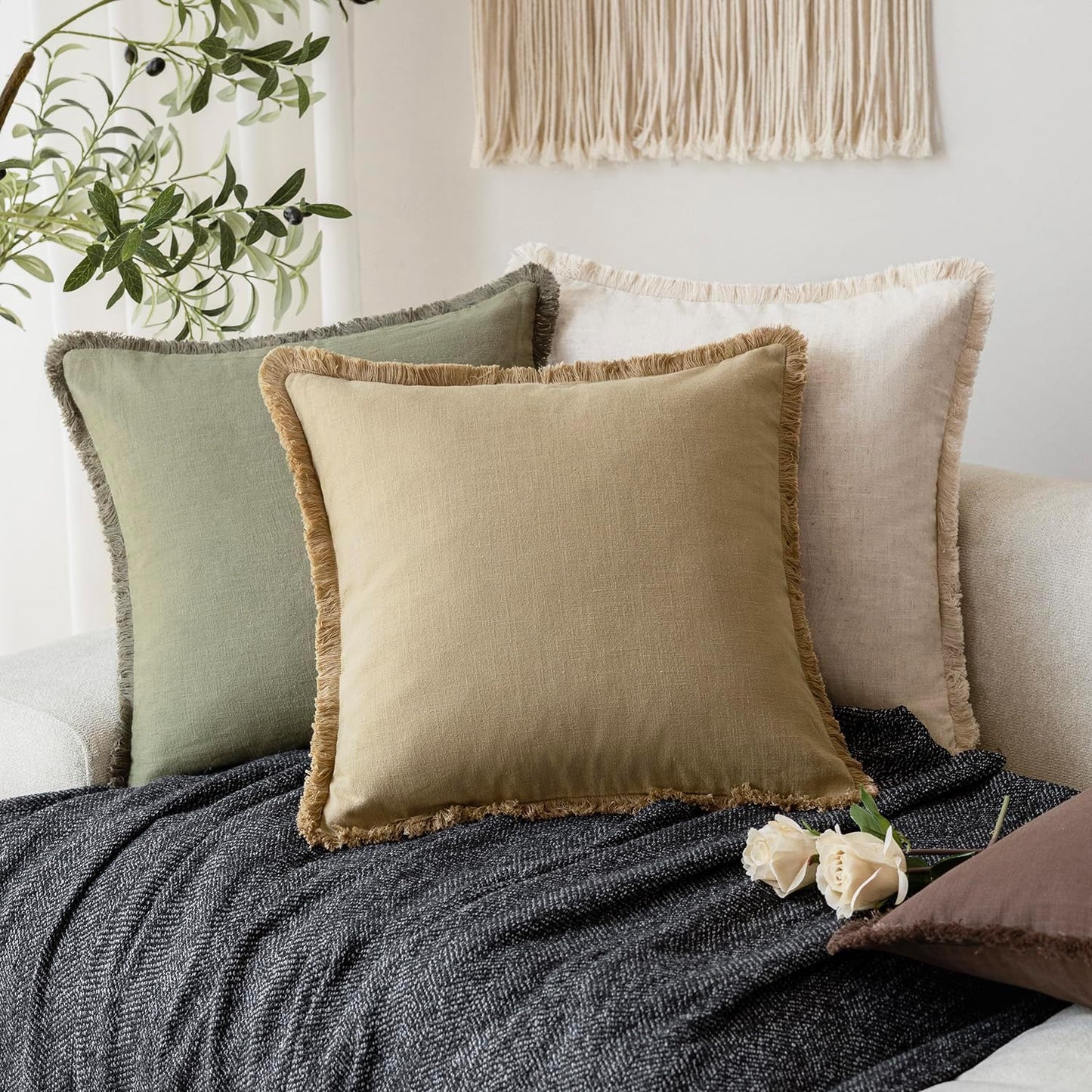 Foindtower Set of 2 Decorative Linen Fringe Throw Pillow Covers Farmhouse Cushion Cover with Tassels Soft Accent Pillowcase for Couch Chair Sofa Bed Living Room Home Decor,24×24 Inch,Light Khaki Taupe