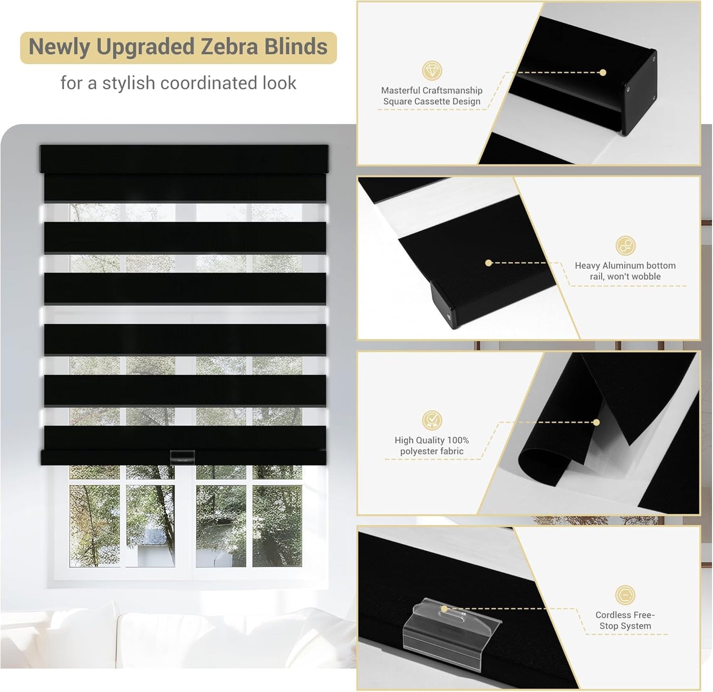 Cordless Zebra Blinds for Windows, Blackout Interior Blinds,Easy to Install,UV Protection,for Offices and Home,Custom Roller Shades, Solid Black, 23" W x 36" H