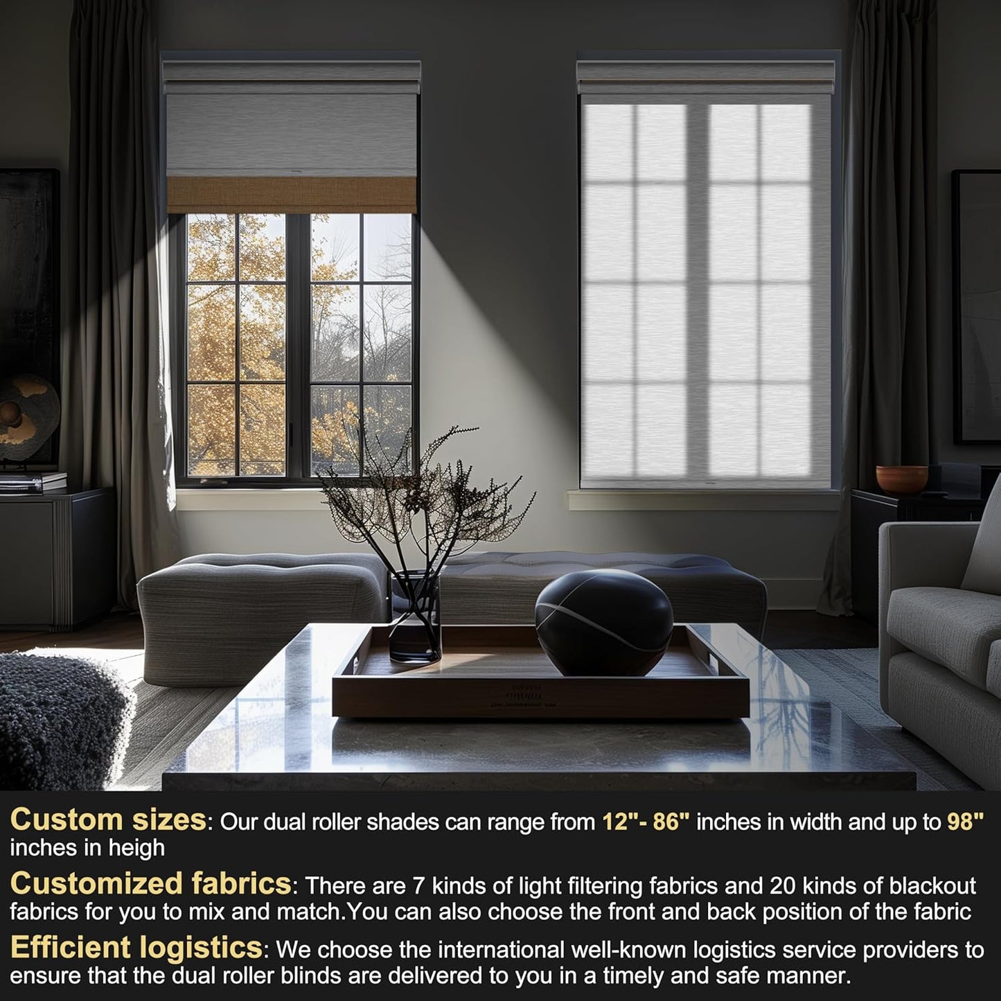 BERISSA Cordless Dual Roller Shades with Cassette Valance, Blackout and Light Filtering Shades, Day and Night for Home Office Door. Linen Beige and White. 67 W x 86" H
