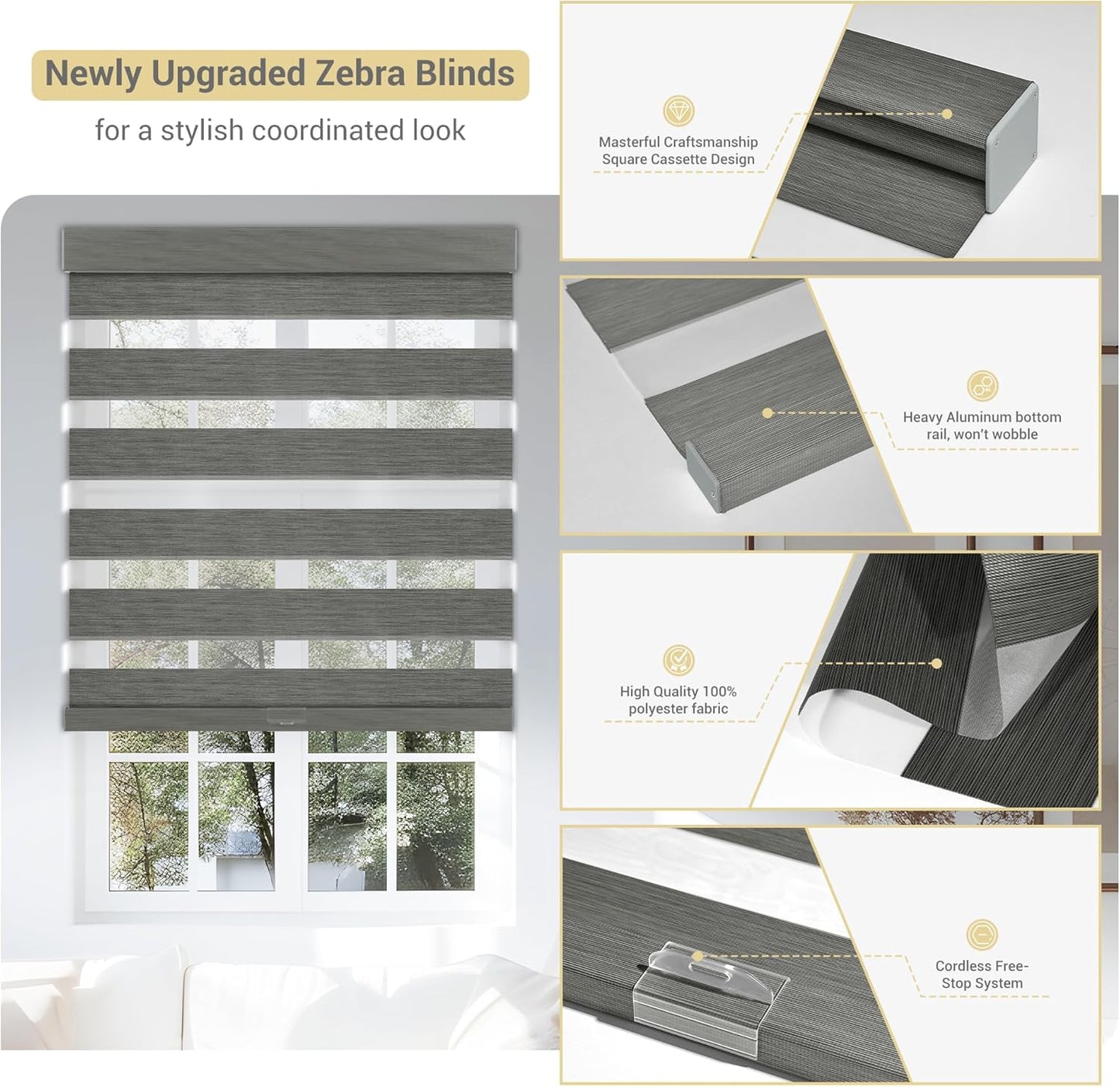 Cordless Zebra Blinds for Windows, Blackout Interior Blinds,Easy to Install,UV Protection,for Offices and Home,Custom Roller Shades, Mousse Grey,35" W x 36" H
