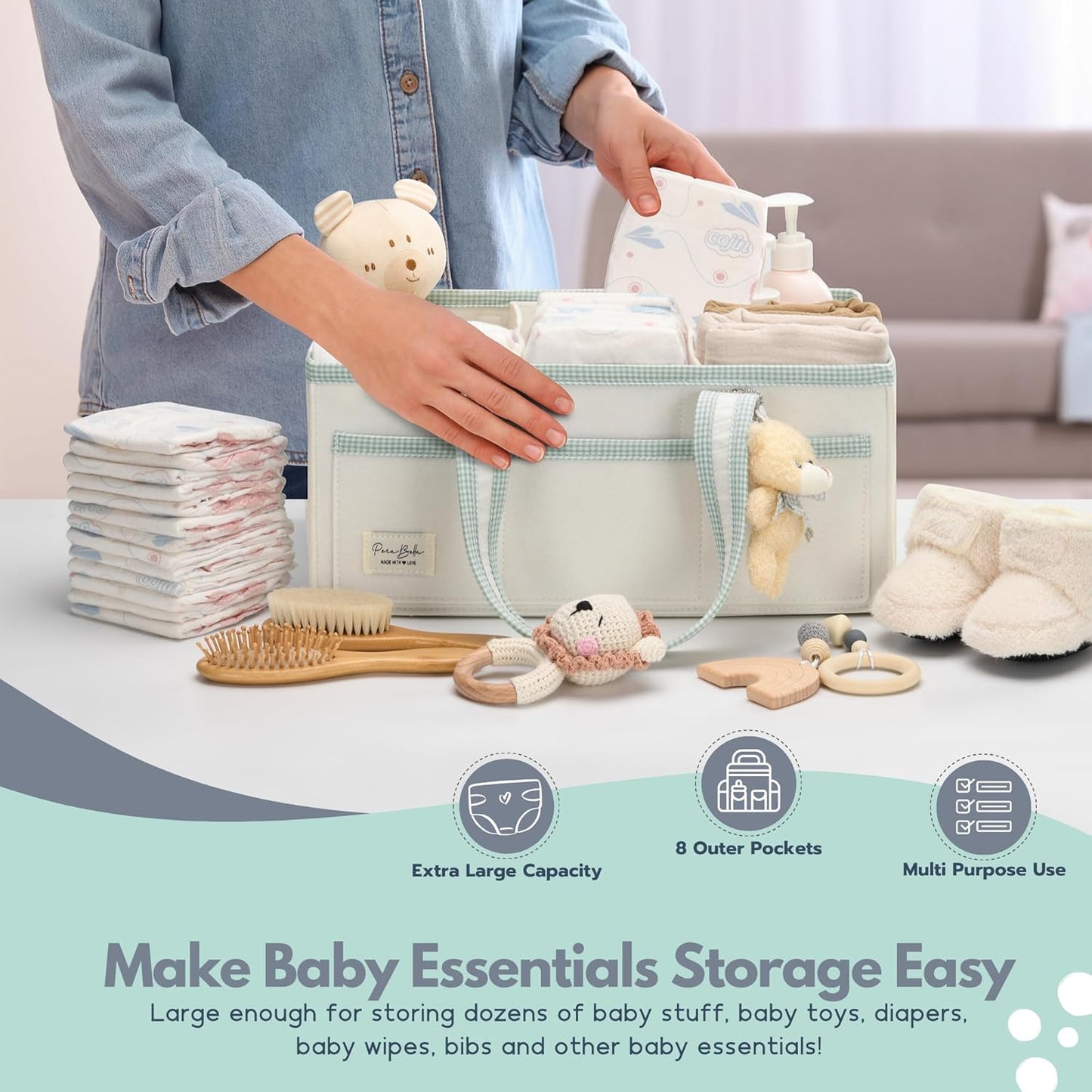 PeraBella Diaper Caddy Organizer with Handle, Baby Shower Gifts Basket Bag, Registry Search Must Haves Items, Nursery Storage Organizer for Newborn Girl Boy, Baby Bag Essentials, Car Diaper Caddy Cart