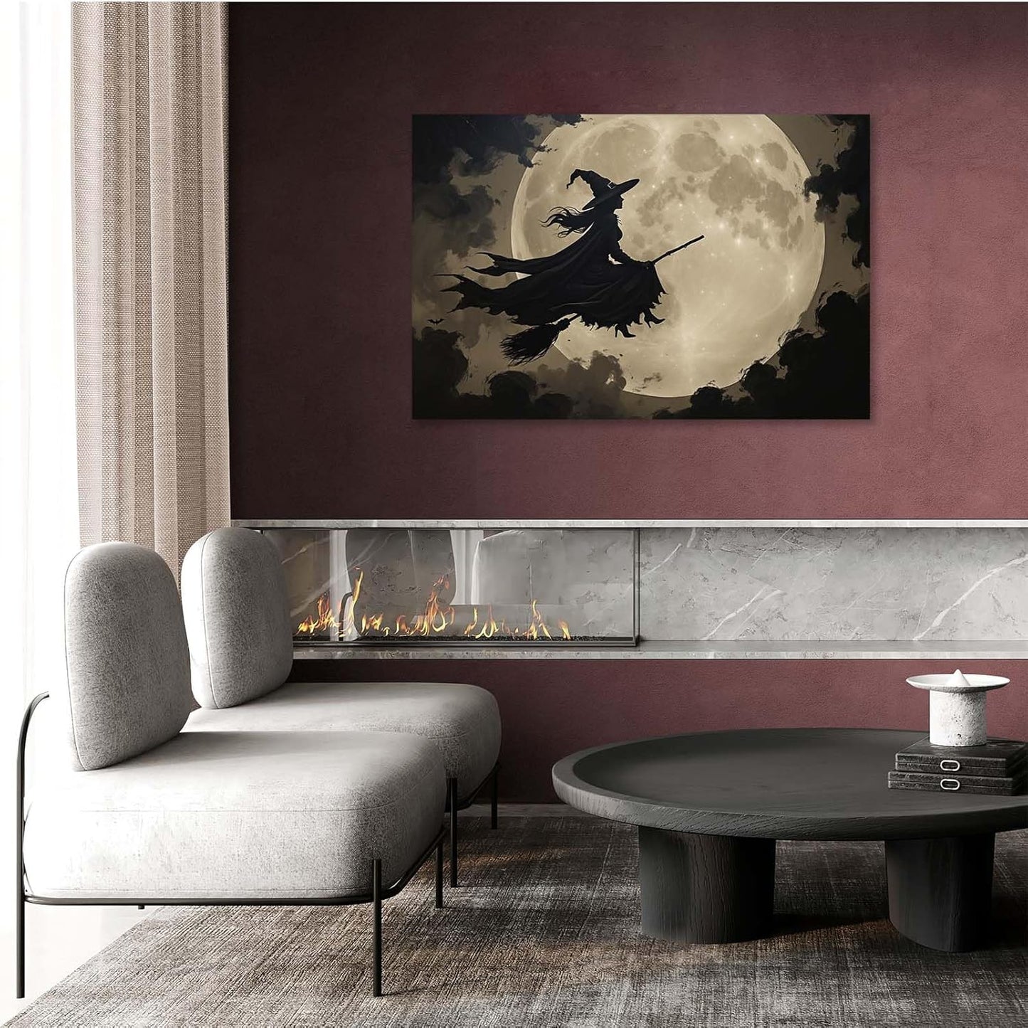 Full moon witch silhouette poster witch on magic broom Halloween mural poster decorative mural art suitable for home living room bedroom24x36in Wood Framed