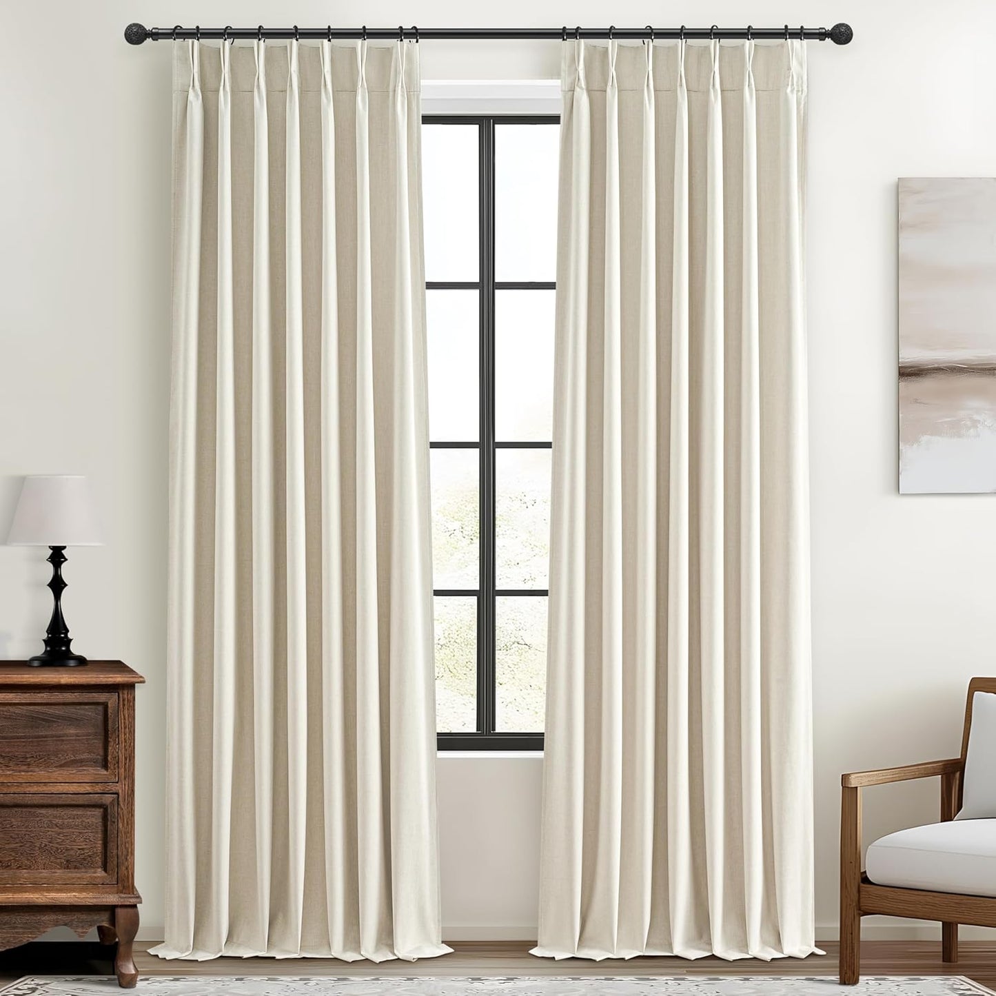 Pinch Pleat Cream Linen 102 Inch Long Curtains for Dining Room 2 Panels Set, Neutral Blackout Viral Curtain with Hooks Rings Back Tab for Office/Sunroom Privacy Thermal Drapes 40" W x 102" L