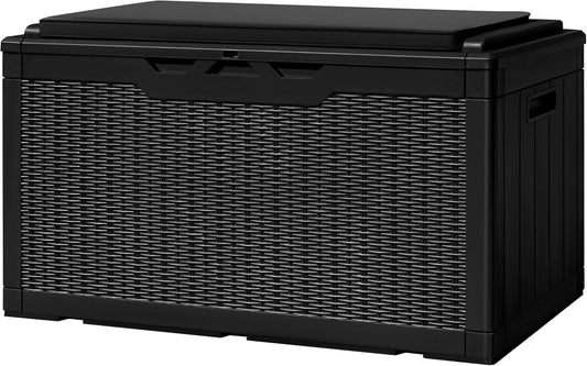 Greesum 100 Gallon Resin Deck Box Large Outdoor Storage with Cushions for Patio Furniture, Garden Tools, Pool Supplies, Weatherproof and UV Resistant, Lockable, Black