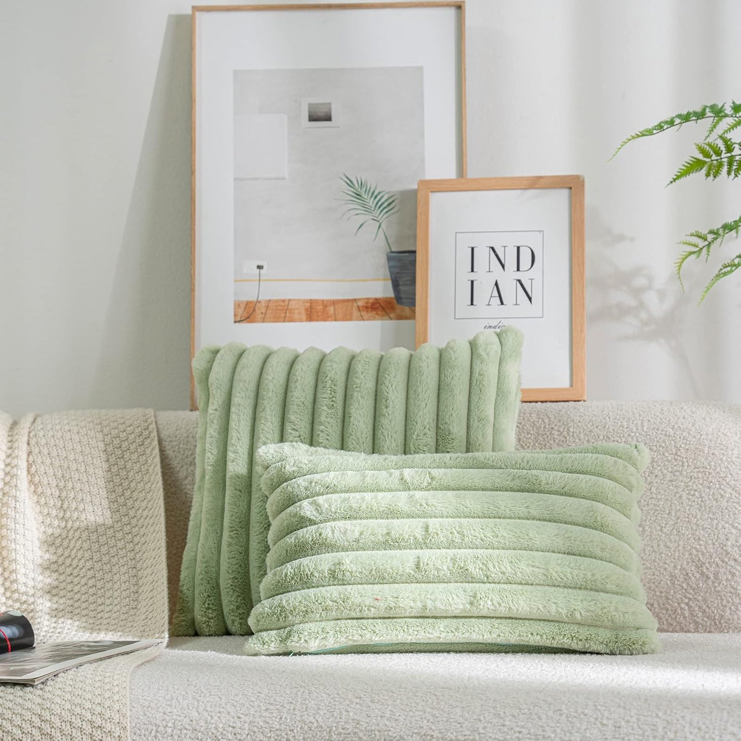 DEELAND Pack of 2,Double-Sided Faux Fur Plush Decorative Throw Pillow Covers Fuzzy Striped Soft Pillowcase Cushion Covers for Sofa Couch Bedroom Green 18x18 inch