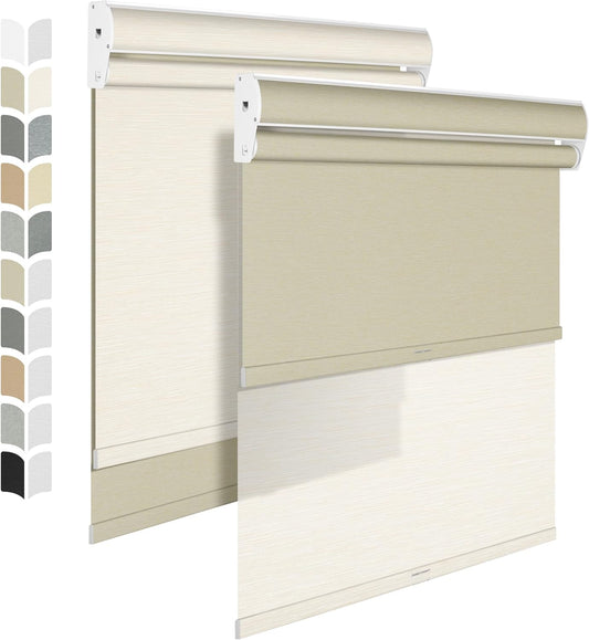 BERISSA Cordless Dual Roller Shades with Cassette Valance, Double Window Shades - Blackout and Light Filtering, Day and Night for Home Office Door. Striped Jacquard Beige. 34 W x 56" H