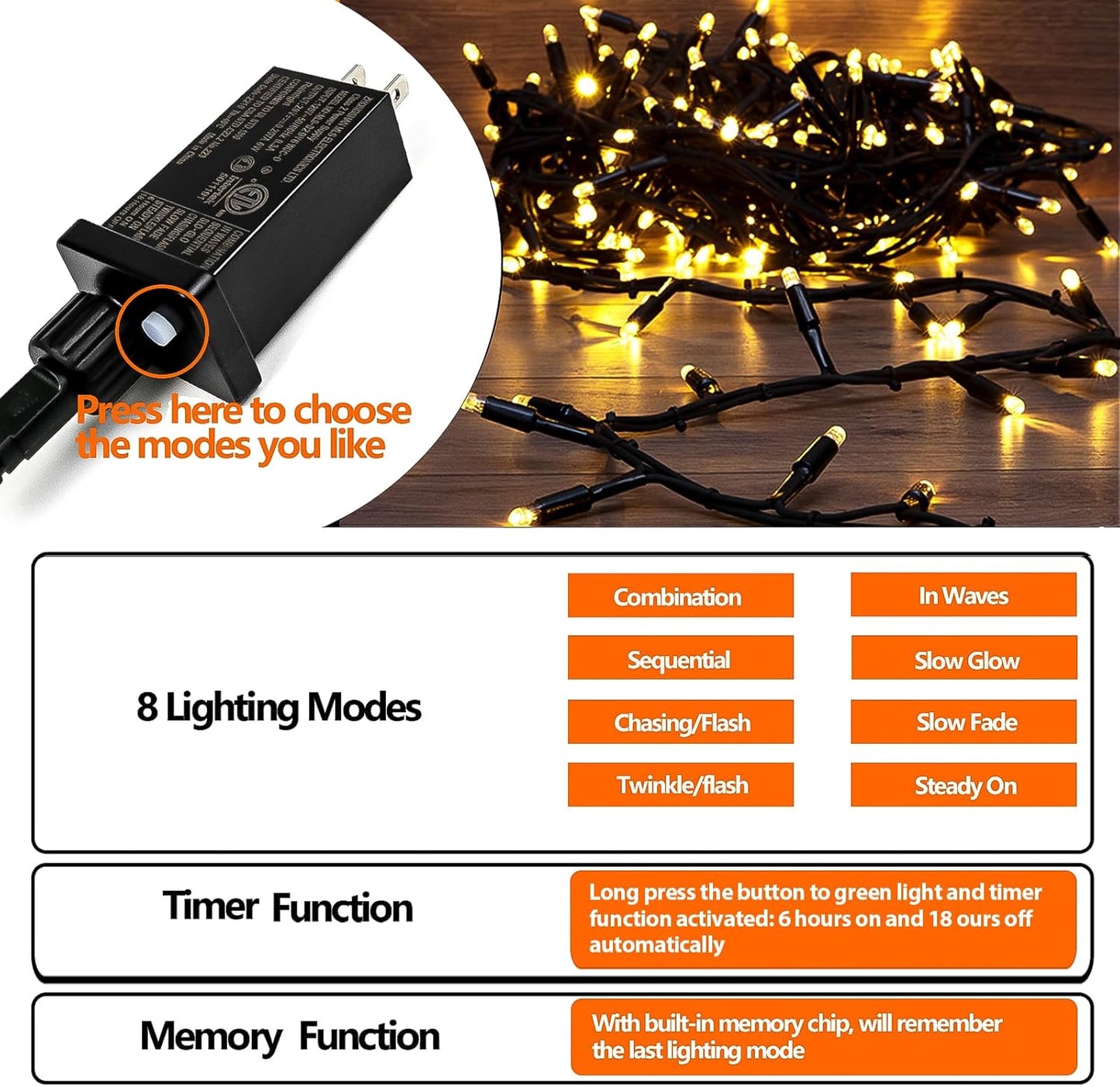Upgraded 75.8 FT 200 LED Christmas String Lights Outdoor/Indoor, Timer & Memory Function & 8 Modes, Extendable Green Wire Waterproof Fairy String Lights for Xmas Tree Holiday Party Garden (Warm White)