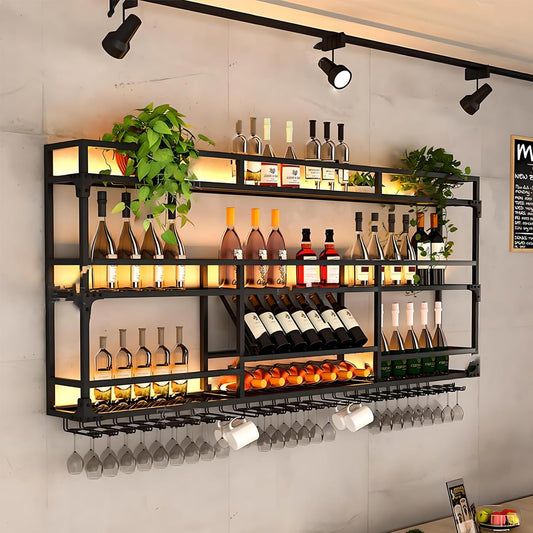39.1in Wall Mounted Wine Rack, Wine Rack Wall Mounted With Wine Glass Rack, Metal Bar Bottle Display Shelf Wine Cups Hanging Holder, For Home Bar Cafe Dining Room Decoration (BLACK, 39.1*10*35.5inch)