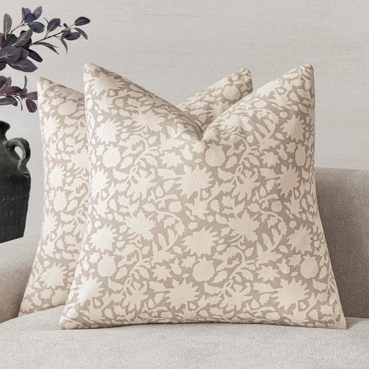 Foindtower Set of 2 Decorative Neutral Floral Throw Pillow Covers Accent Farmhouse Cushion Covers Boho Vintage Pillowcase for Couch Sofa Bedroom Living Room Home Decor Outdoor,20×20 Inch,Ivory Beige