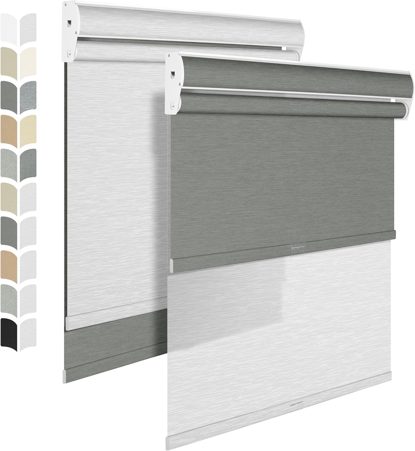 BERISSA Cordless Dual Roller Shades with Cassette Valance, Double Window Shades - Blackout and Light Filtering, Day and Night for Home Office Door - Grey and White - 64 W x 36" H
