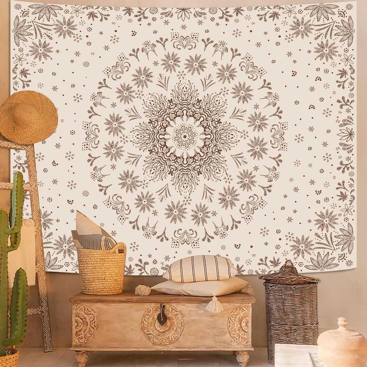 Fowocu Boho Floral Mandala Tapestry Wall Hanging Bohemian Flower Medallion Tapestry Aesthetic Beige Brown Hippie Indian Small Tapestries for Bedroom Living Room Dorm Decor 80 x 60 Inch