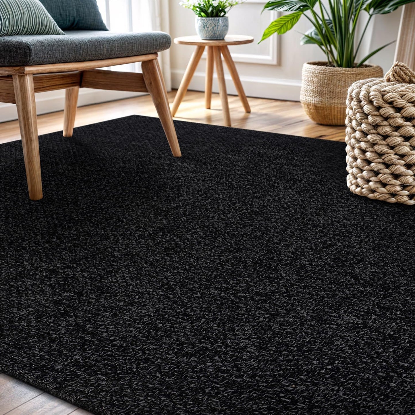 CAMILSON Easy Jute Rug 4x6, Indoor Outdoor Dark Gray Black Farmhouse Area Rugs for Living Room Patio and Kitchen Rug, Solid Boho Woven Design, Easy-Cleaning, Washable Outside Carpet Alfombras (4 x 6)