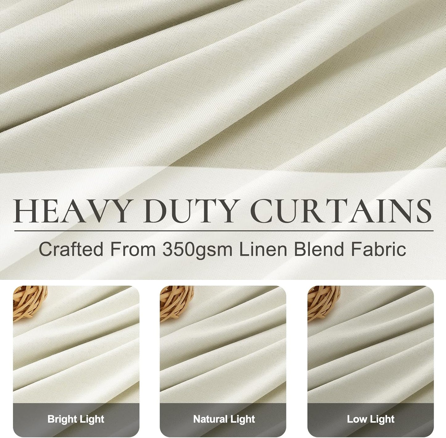 Ivory White Pinch Pleated Complete Blackout Curtains & Drapes 84 Inch Length 2 Panels Set, Flax Linen Room Darkening Soundproof Window Curtains with Hooks Rings for Bedroom Living Room Track System