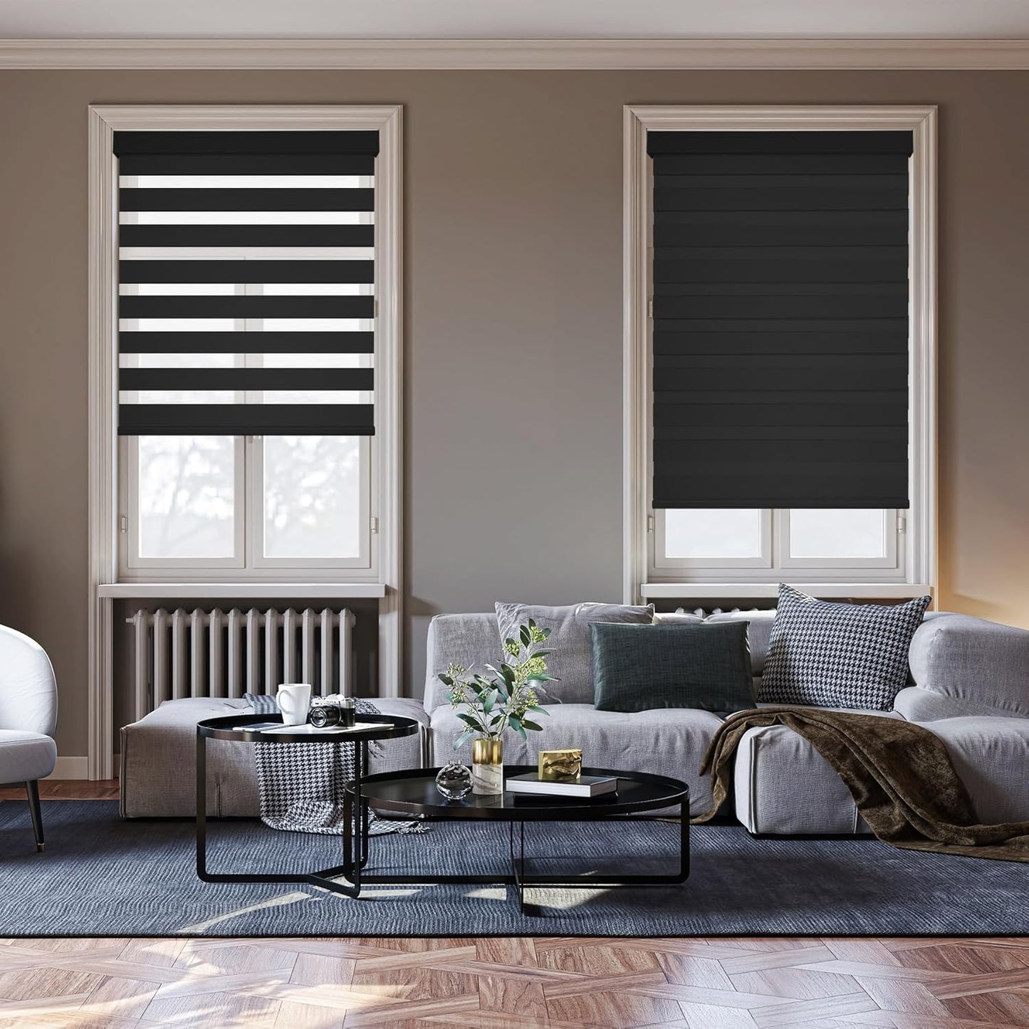 HESTIA Cordless Zebra Blinds Light Filtering Roller Shades UV Blocking Blackout Privacy Indoor Window Shades for Home Office Day and Night, Black,45" W x 54" H