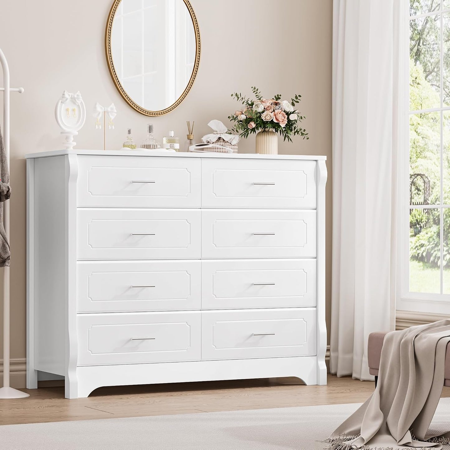 HITHOS White 8 Drawer Dresser for Bedroom, 47" Wood Dresser & Chest of Drawers, Modern Double Storage Cabinet with Deep Drawers | Metal Handles for Living Room, Hallway, Entryway