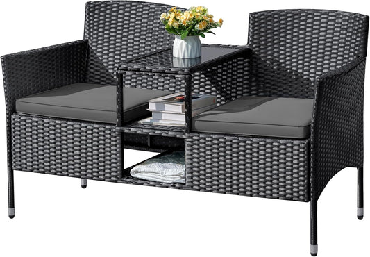 Flamaker Outdoor Furniture Patio Loveseat Wicker 2-Seat with Built-in Table and Cushions Rattan Porch Chairs Bench for Balcony, Lawn, Backyard (Grey)