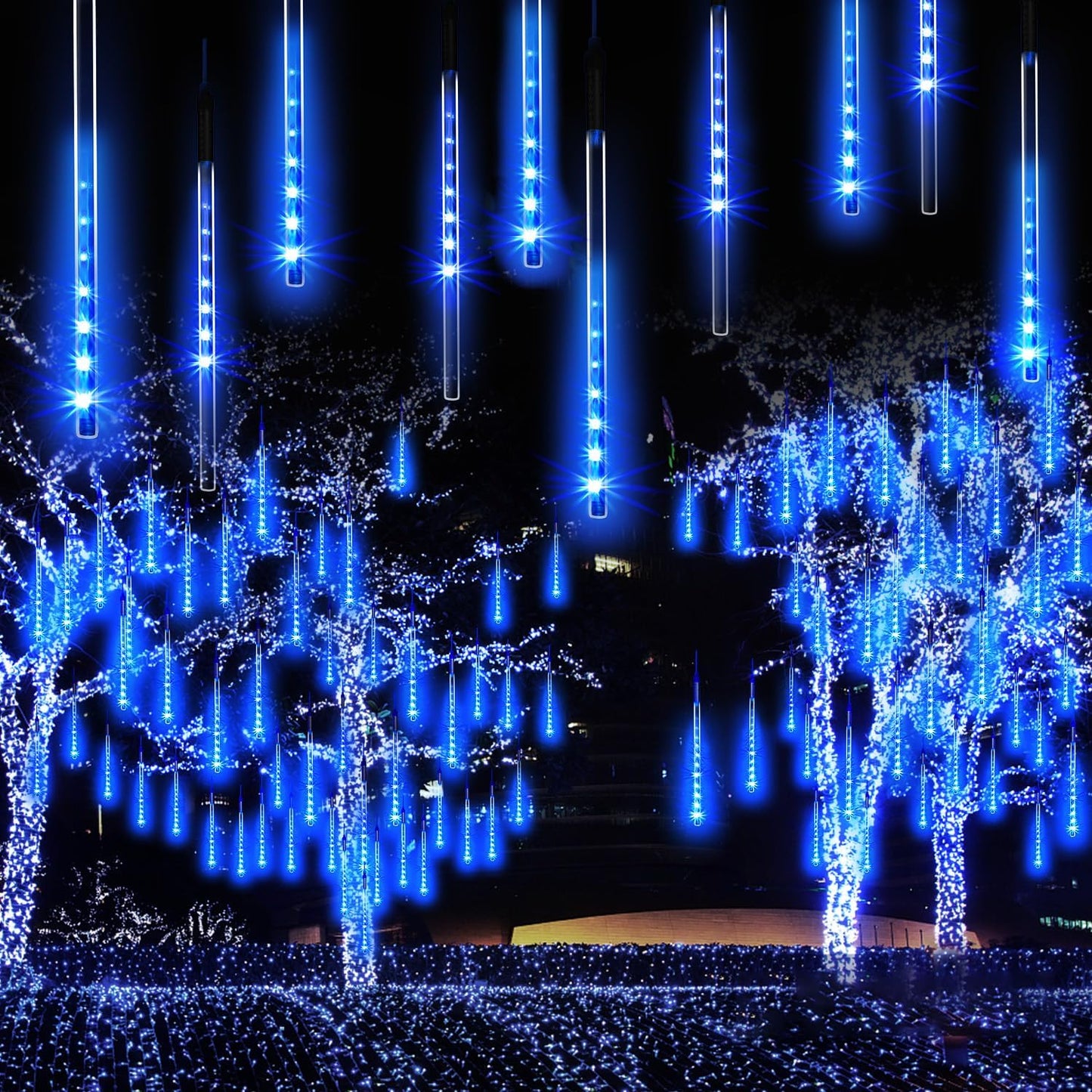 【4 Pack】 Christmas Lights Meteor Shower Rain Lights 12inch, Totally 40 Tube 960 LEDs Icicle Light Outdoor Raindrop Light for Xmas Halloween Wedding Party Tree Holiday Decoration, Blue