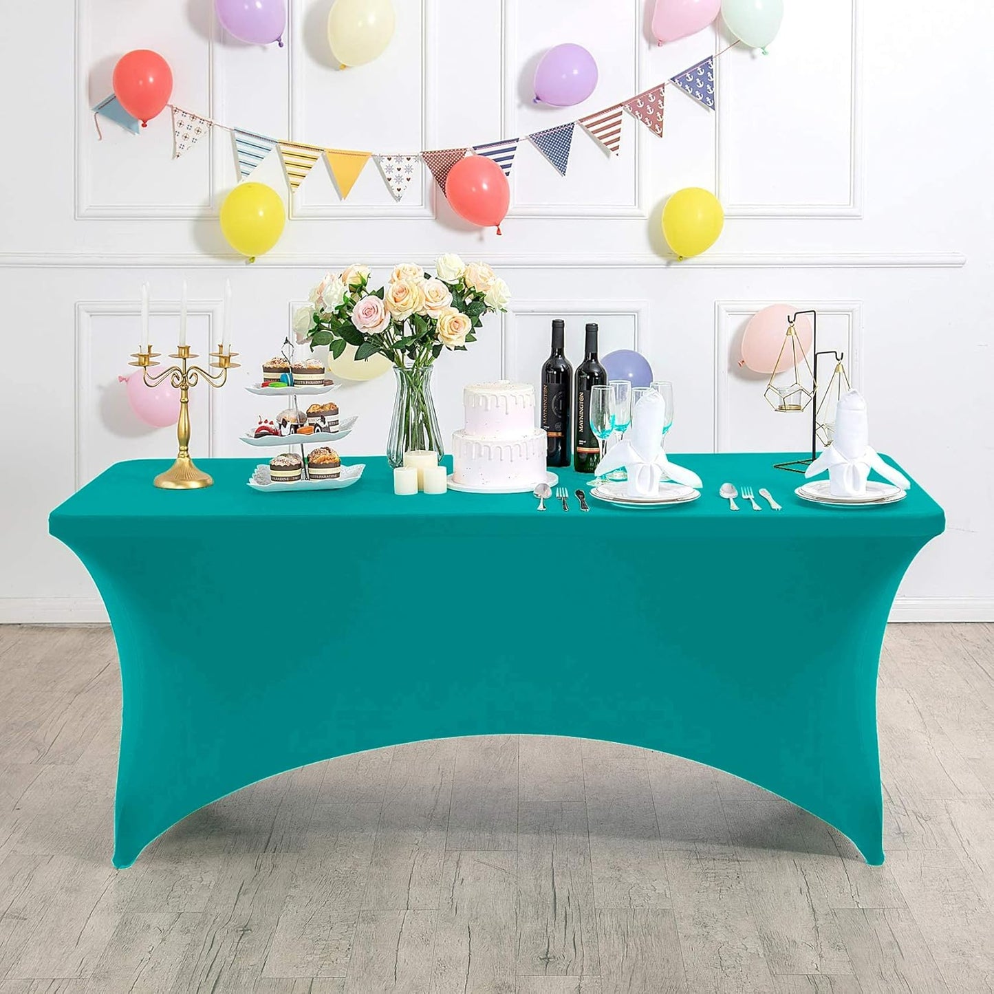 2Pack Spandex Table Cover for 8FT or 4ft or 6ft Table Universal Fitted Stretch Tablecloth for Party, Banquet, Wedding and Events-Turquoise