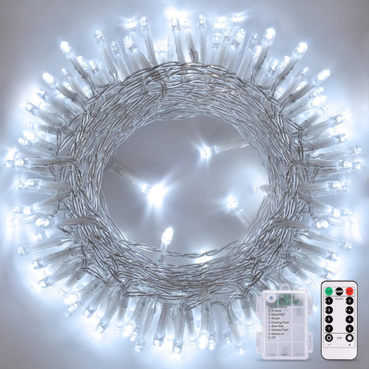 JMEXSUSS White Battery Operated String Lights Outdoor Waterproof, 33ft 100 LED Battery Power Christmas Lights Indoor, 8 Modes Twinkle Fairy Mini Light with Remote for Wedding Bedroom Tree