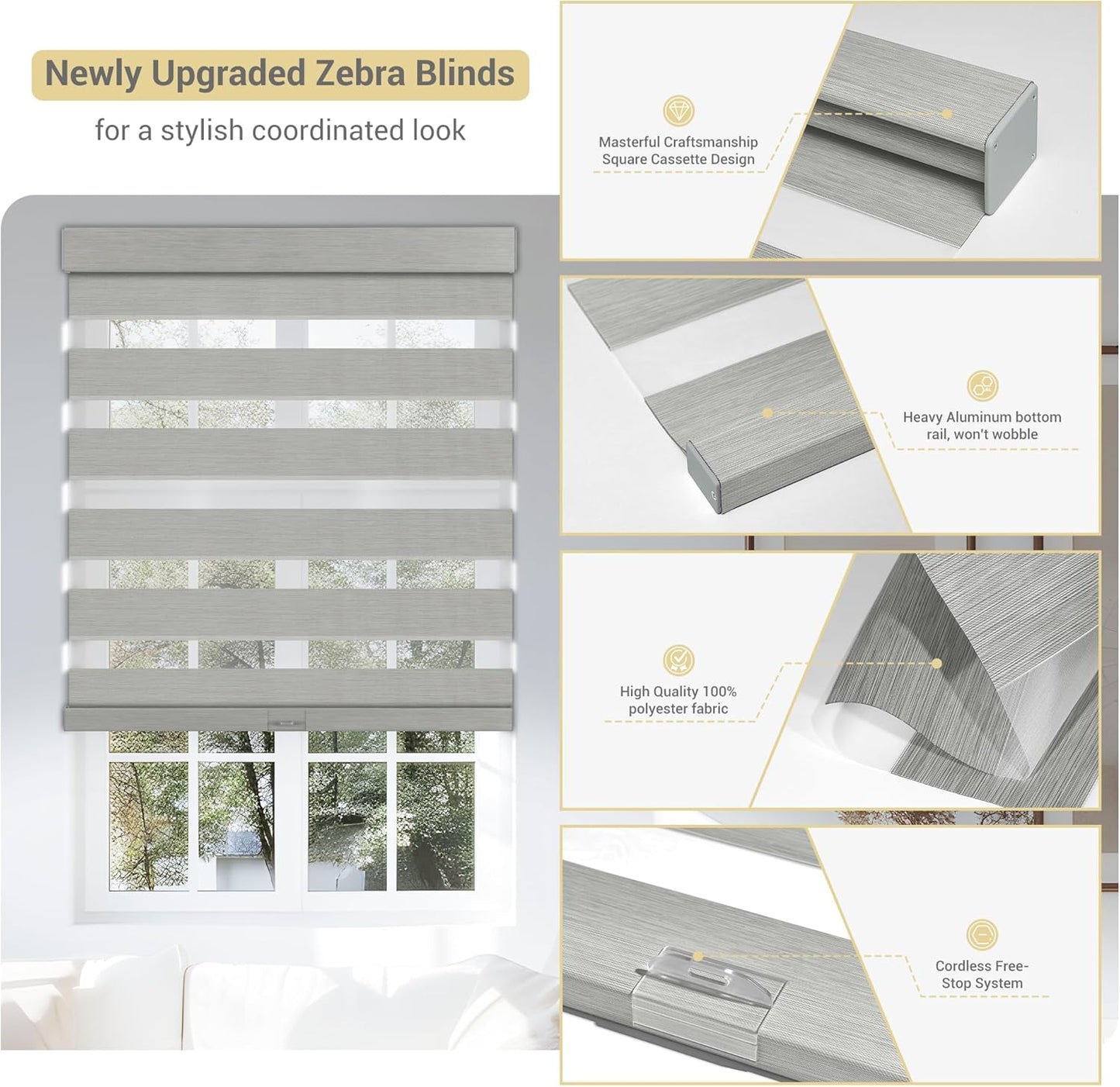 Cordless Zebra Blinds for Windows, Blackout Interior Blinds,Easy to Install,UV Protection,for Offices and Home,Custom Roller Shades, Mousse Light Grey,72" W x 56" H