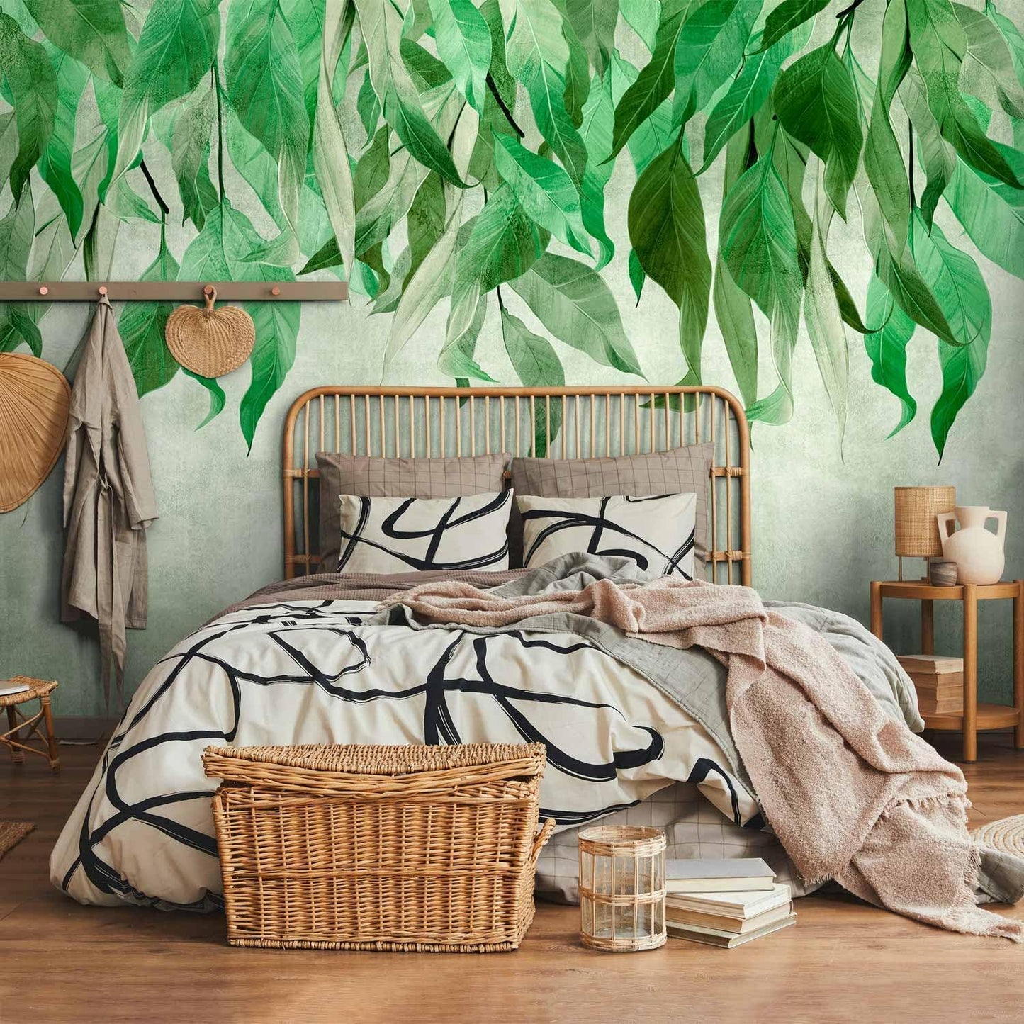 artgeist Wall Mural Hanging Leaves 154x110 in - Peel and Stick Self-Adhesive Wallpaper Removable Large Sticker Foil Wall Decor Print Picture Image Design Nature Botanical Concrete Green b-C-10146-a-a