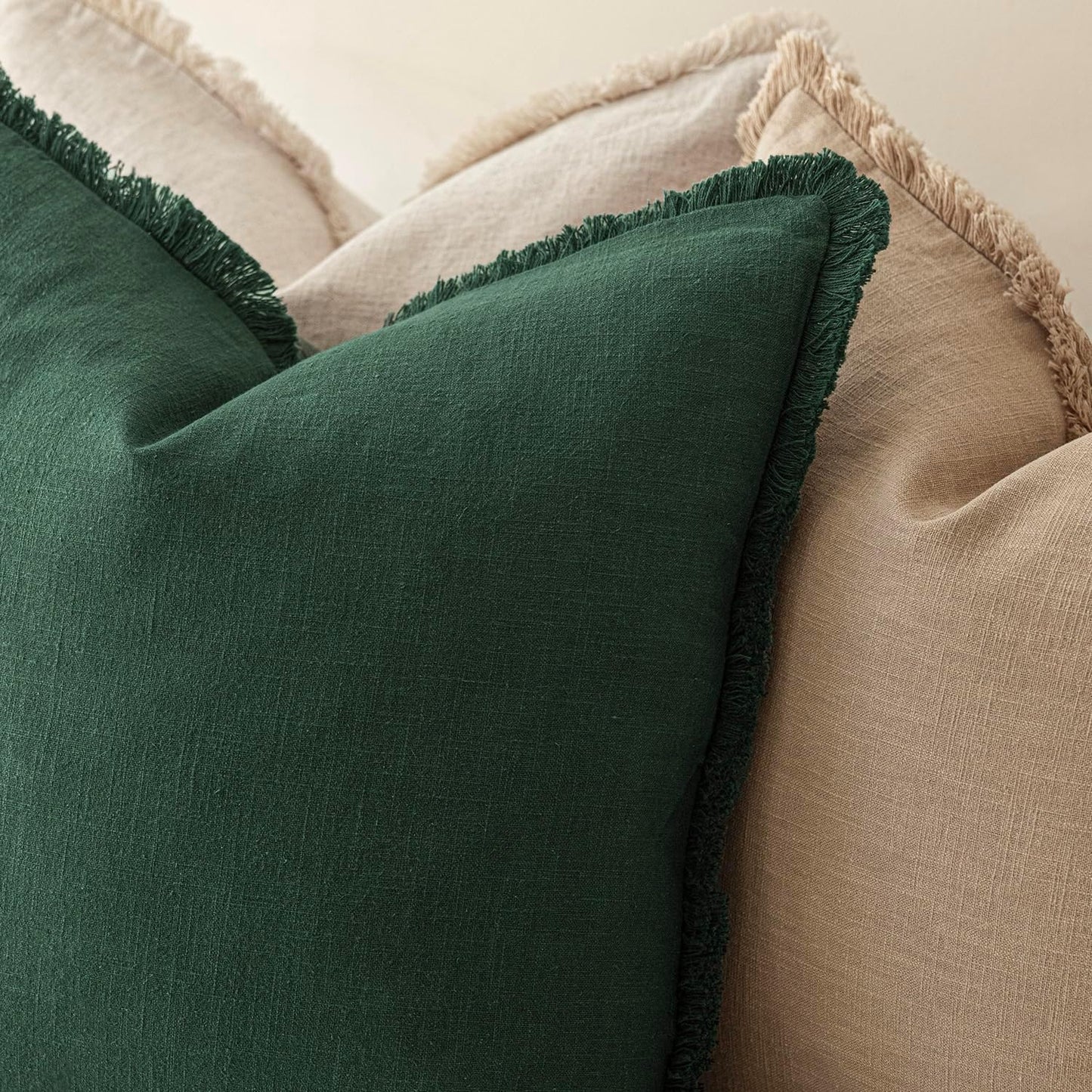 Foindtower Set of 2 Decorative Linen Fringe Throw Pillow Covers Cozy Boho Farmhouse Cushion Cover with Tassels Soft Accent Pillowcase for Couch Sofa Bed Living Room Home Decor, 26×26 Inch, Pine Green