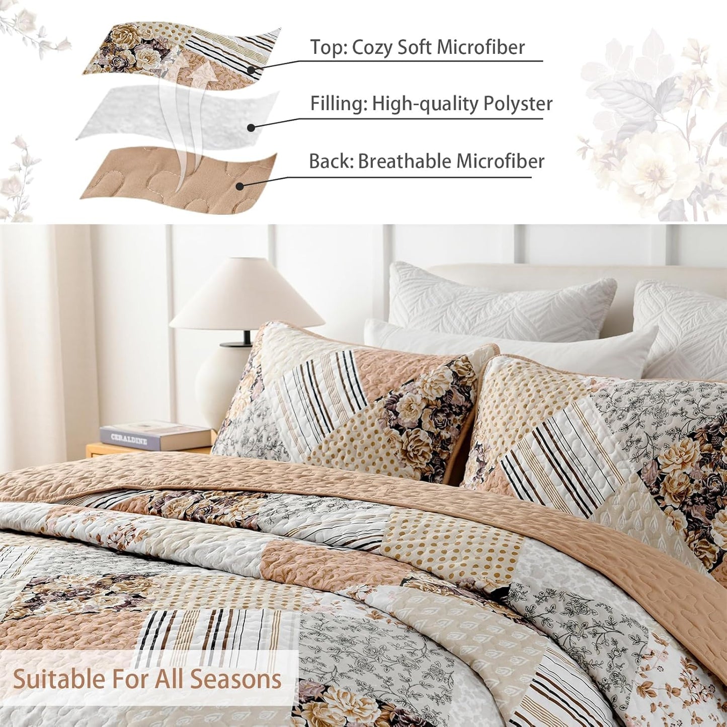 Dobuyly Fall King Size Quilt Set, Beige and Brown Floral Plaid Patchwork Bedspread Reversible Coverlet Set 3 Pieces, Soft Lightweight Microfiber Bedding Set for All Season, 104"x90"