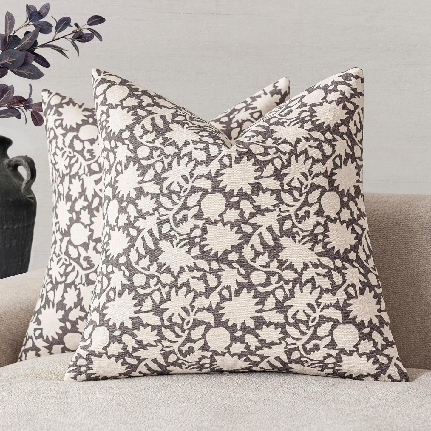 Foindtower Set of 2 Decorative Neutral Floral Throw Pillow Covers Accent Farmhouse Cushion Covers Boho Vintage Pillowcase for Couch Sofa Bedroom Living Room Home Decor Outdoor,24×24 Inch,Rustic Gray