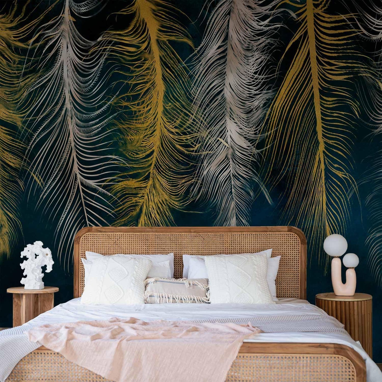 artgeist Wall Mural Feather 135x101 in - XXL Peel and Stick Self-Adhesive Wallpaper Removable Large Sticker Foil Wall Decor Print Picture Image Design Abstract Beige Navy Blue b-A-0812-a-a