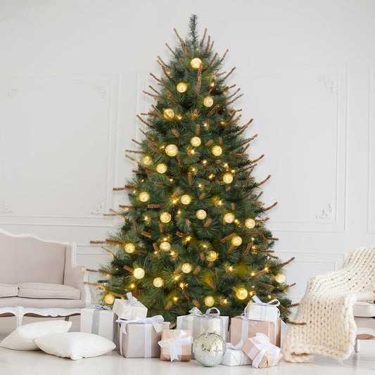 Selena 7.5ft Prelit Artificial Christmas Tree with 1209 Branch Tips, 400 Warm Lights and Metal Stand, 50" Wide Realistic Withered Christmas Tree with Lights by Naomi Home