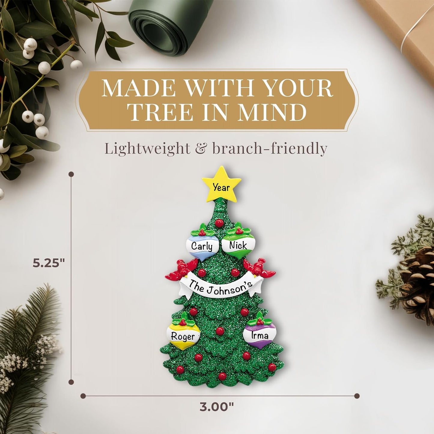 Personalized Family of 4 Ornament 2025 | Free 24h Customization | Christmas Ornaments for Tree | Custom Gift Wrapped Green Glitter Keepsake for Four Persons